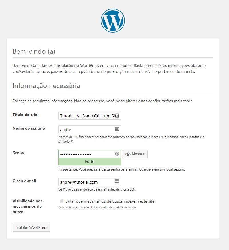 Configuração inicial da instalação do wordpress no windows