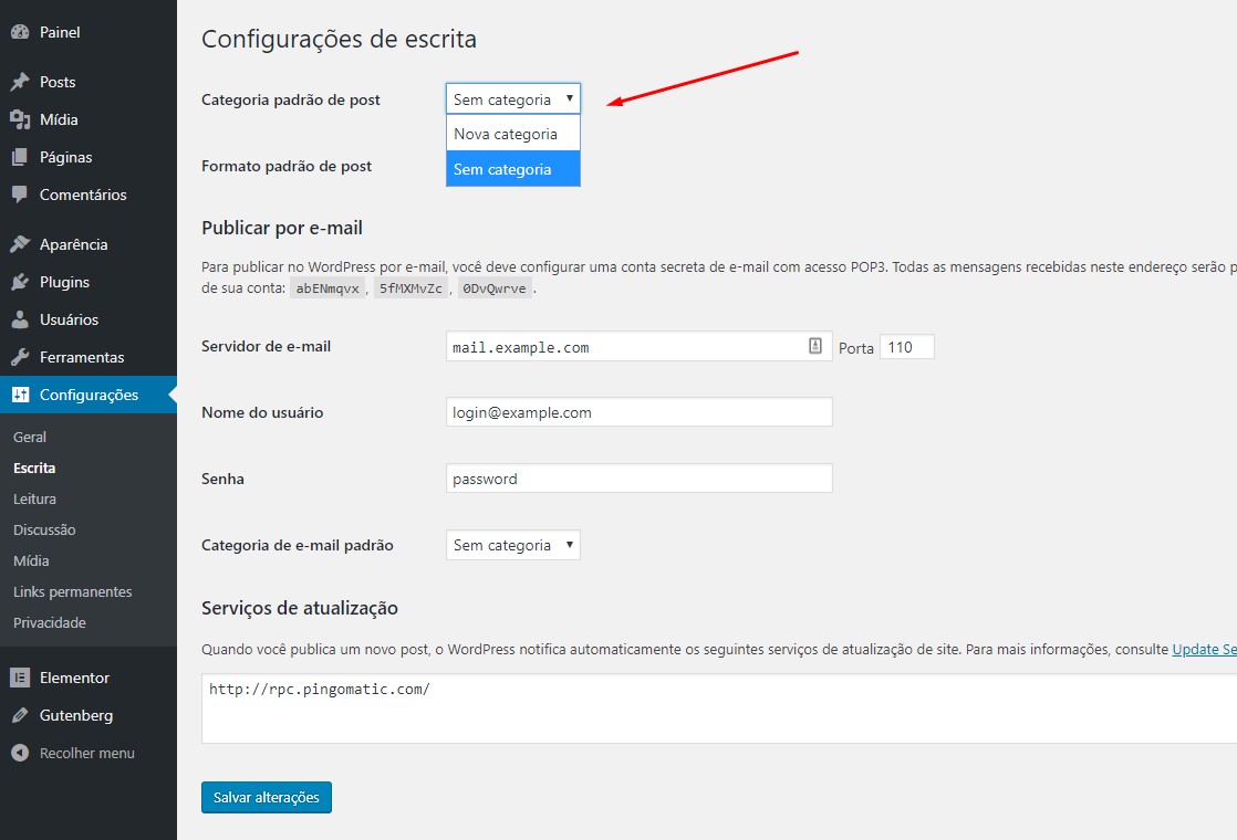 Configuração da categoria padrão do wordpress