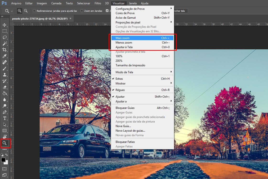 Localização da ferramenta de zoom no photoshop