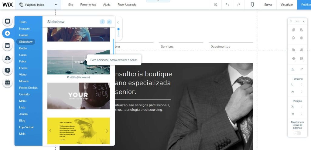 Editor visual do Wix