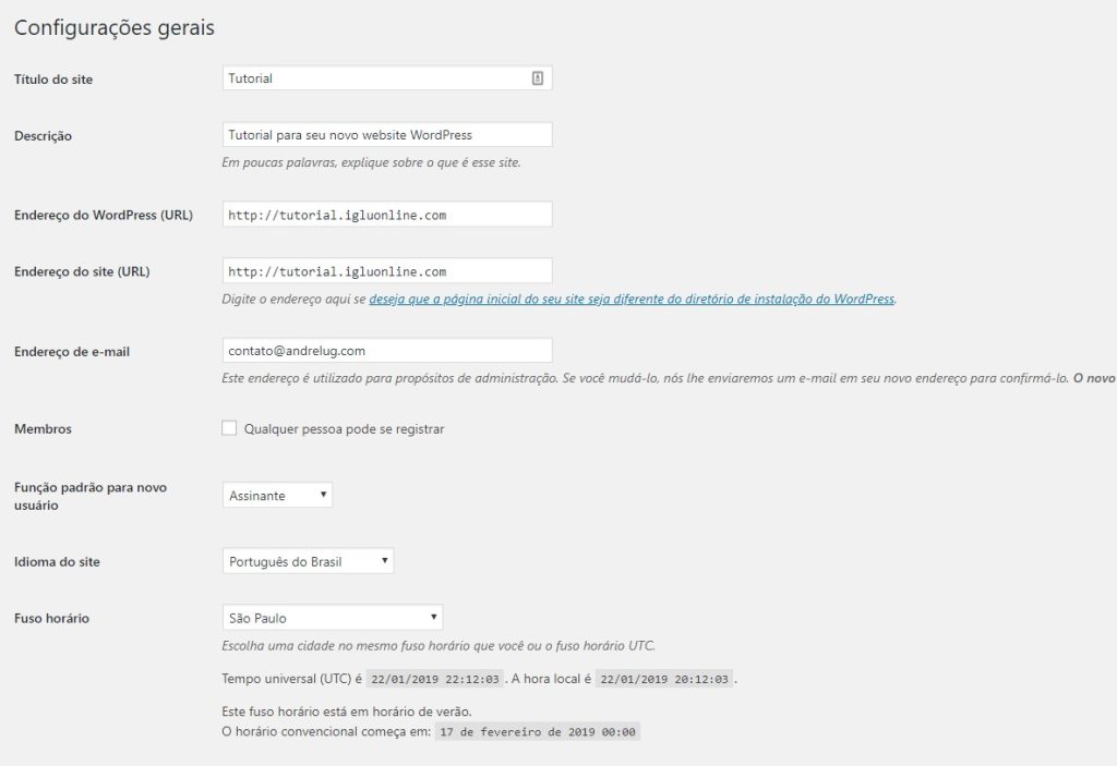 Configurações gerais do wordpress