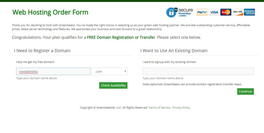 Contratação do serviço de hospedagem do green geeks