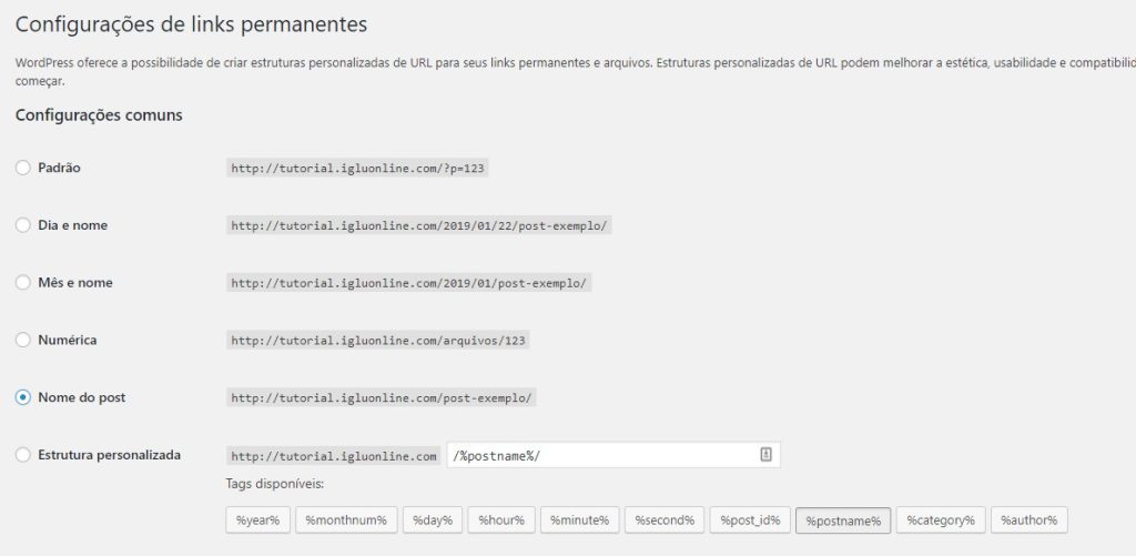 links permanentes no WordPress