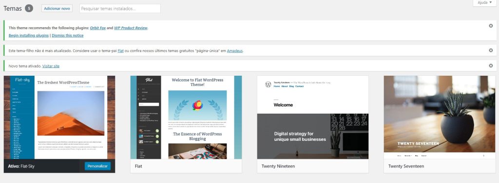 Novo tema instalado no WordPress