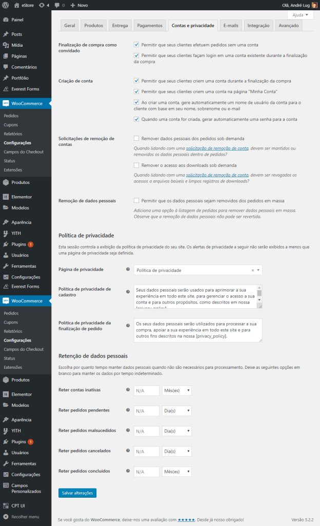 Configurações de conta e privacidade no WooCommerce