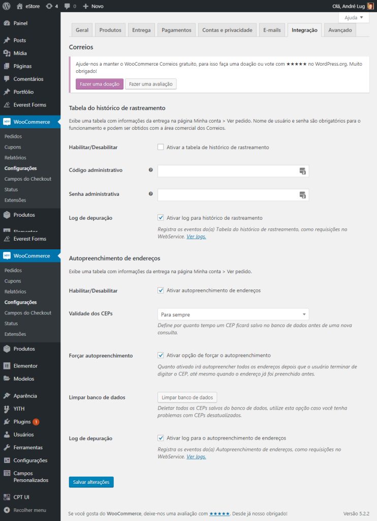 Configurações gerais dos correios loja online