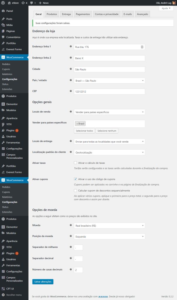 Configurações gerais do woocommerce