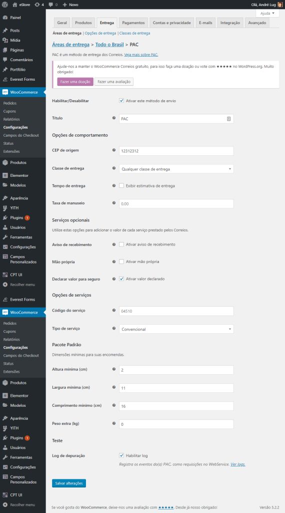 Configurações do PAC dos Correios no WooCommerce