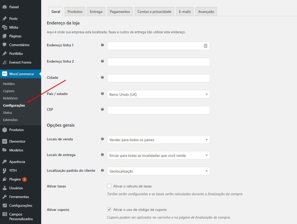 Configurações do WooCommerce