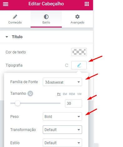 tipografia no elementor