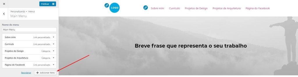 Customizar menu do portfólio